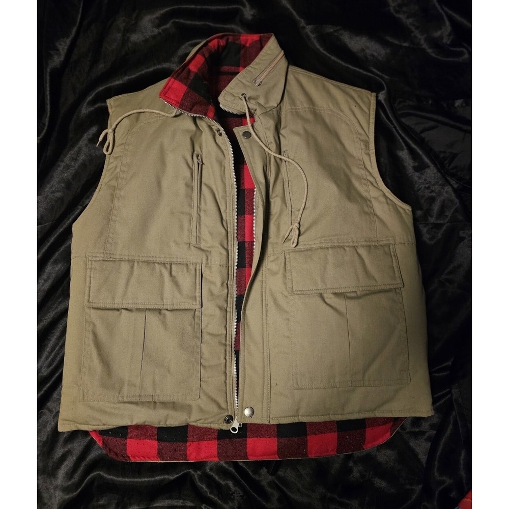 Clear CREEK Vest Medium Reversible Brown Red Buffalo Plaid Padded Flannel Zip